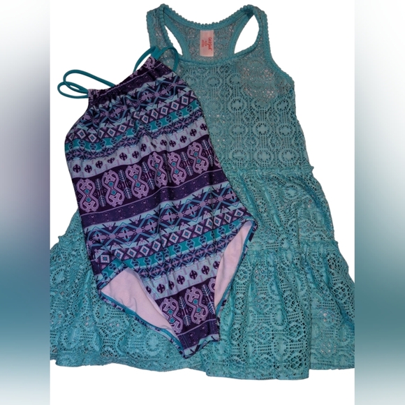 Purple and Teal Patterned Swimsuit with Lace Dress - Picture 1 of 3